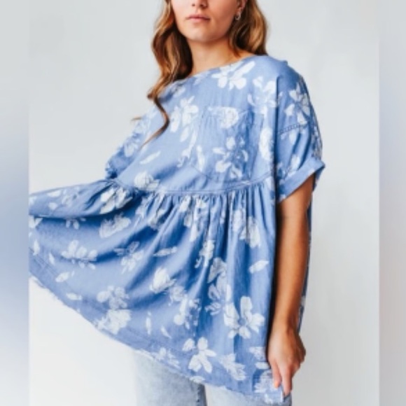 Free People Moon City Blue/White Floral Print Linen Blend Oversize Babydoll Top - Picture 5 of 12